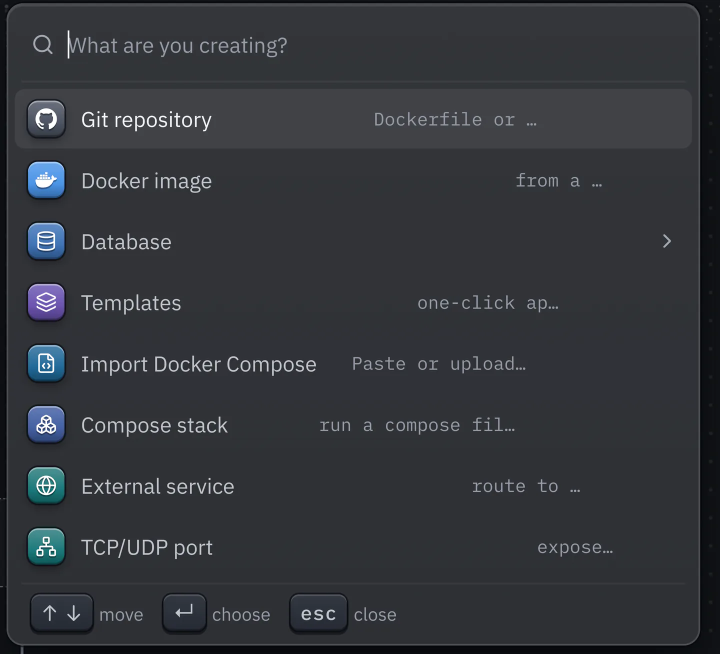 The Create menu with a search field. Choices: Git repository, Docker image, Database, Templates, Import Docker Compose, Compose stack, External service and TCP/UDP port.