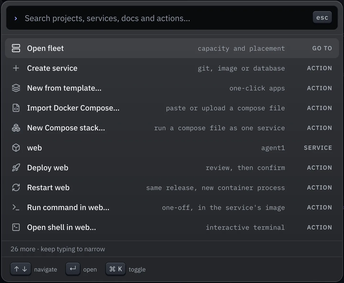 The command palette with the web service in focus. Rows: Open fleet, Create service, New from template, Import Docker Compose, New Compose stack, web, Deploy web (review, then confirm), Restart web, Run command in web and Open shell in web.