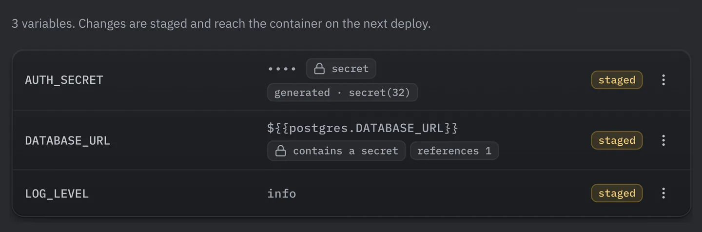 Three staged variables in a list. AUTH_SECRET shows hidden dots and a secret tag with the note generated from secret(32). DATABASE_URL holds a reference to the postgres service's DATABASE_URL and is tagged contains a secret and references 1. LOG_LEVEL is info. Each row has a staged tag and a menu.