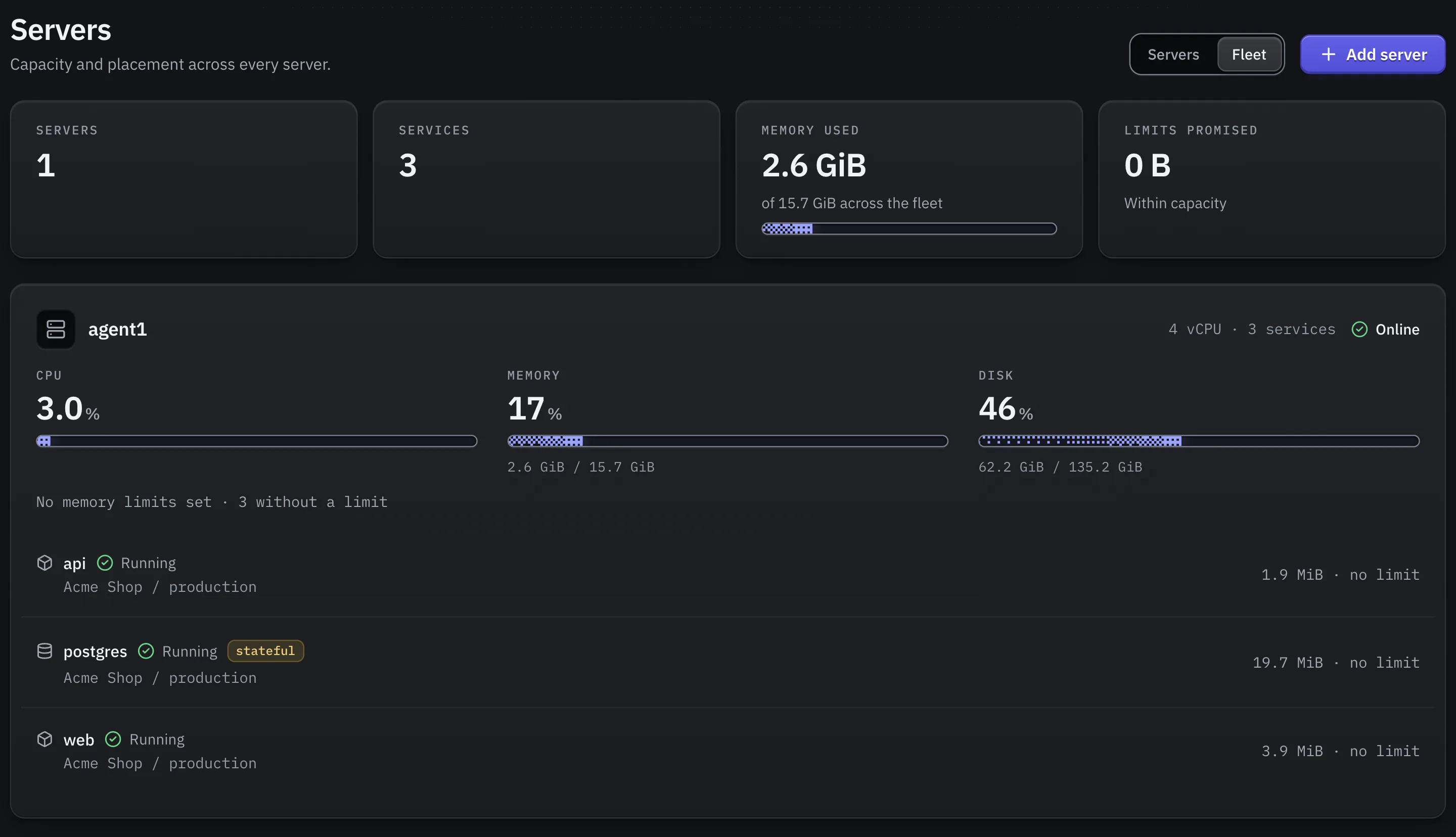 The Fleet view of the Servers page. Four tiles: 1 server, 3 services, 2.7 GiB of memory used of 15.7 GiB, and 0 B of memory limits promised. Below, the server agent1 is online with 4 vCPU. It shows bars for CPU, memory 17 percent and disk 46 percent, and lists its three services api, postgres and web, all running, with their memory use.