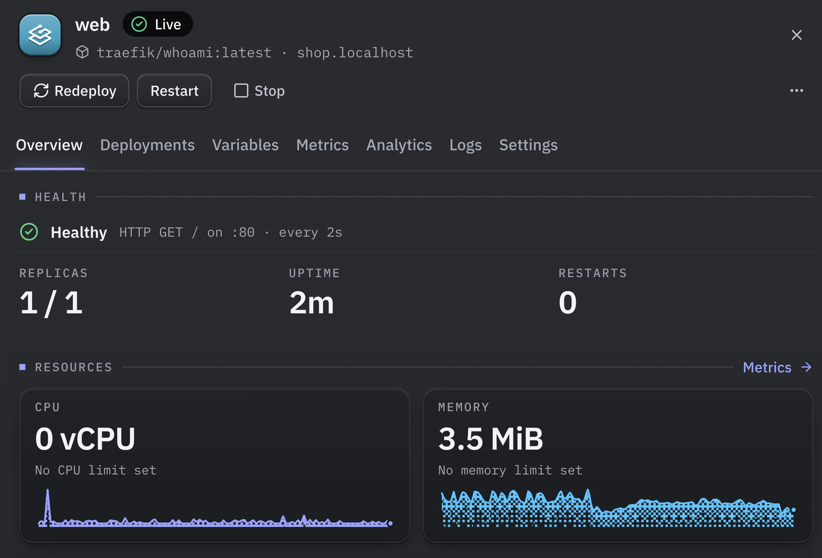 The inspector for the web service on its Overview tab. Tabs: Overview, Deployments, Variables, Metrics, Analytics, Logs, Settings. Health reads Healthy, an HTTP GET on port 80 every 2 seconds. Replicas 1 of 1, uptime, 0 restarts. CPU and memory tiles show current use with a small chart each.