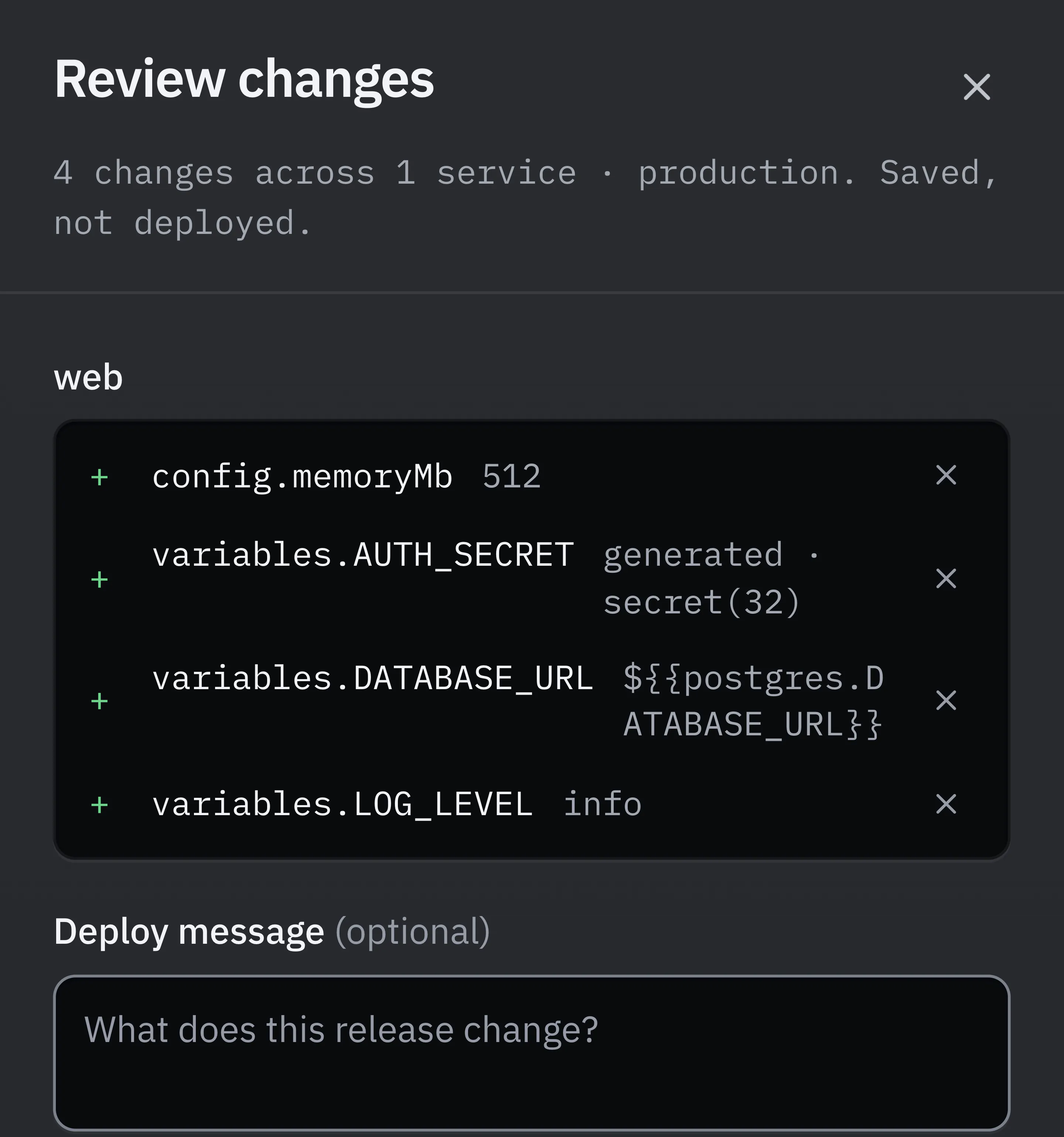 The Review changes sheet for the web service in production, headed 4 changes across 1 service, saved, not deployed. Four added lines: config.memoryMb 512, variables.AUTH_SECRET generated from secret(32), variables.DATABASE_URL set to a reference to the postgres service, and variables.LOG_LEVEL info. Each has a remove button. An optional deploy message field sits below.