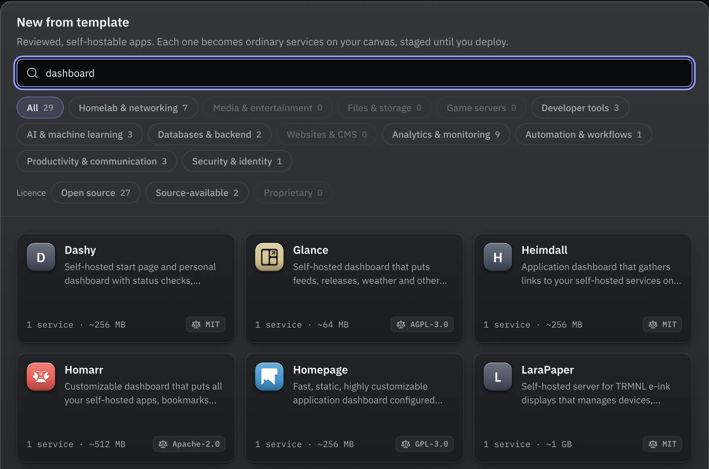 The New from template dialog, searching 350 apps with the word dashboard and showing 29 matches. Category chips with counts sit above a grid of cards for Dashy, Glance, Heimdall, Homarr, Homepage and LaraPaper, each with its service count, memory estimate and licence.